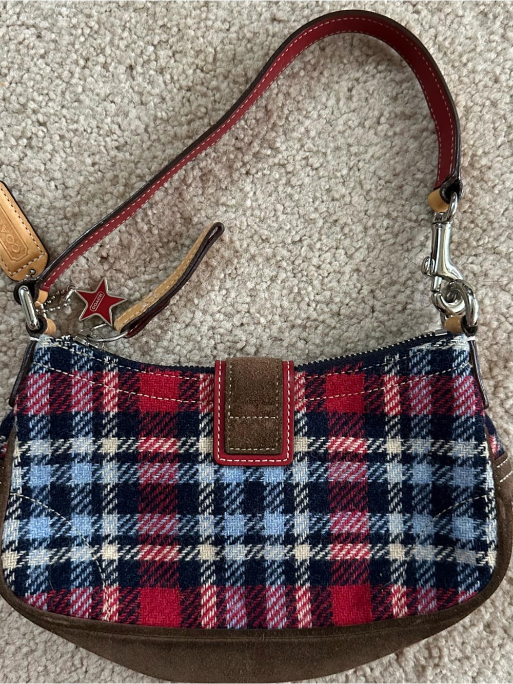 COACH Soho Plaid Wool Mini Shoulder Bag Y2K Red Check Suede Leather Rare ๐โค๏ธ๐ค - Picture 5 of 12